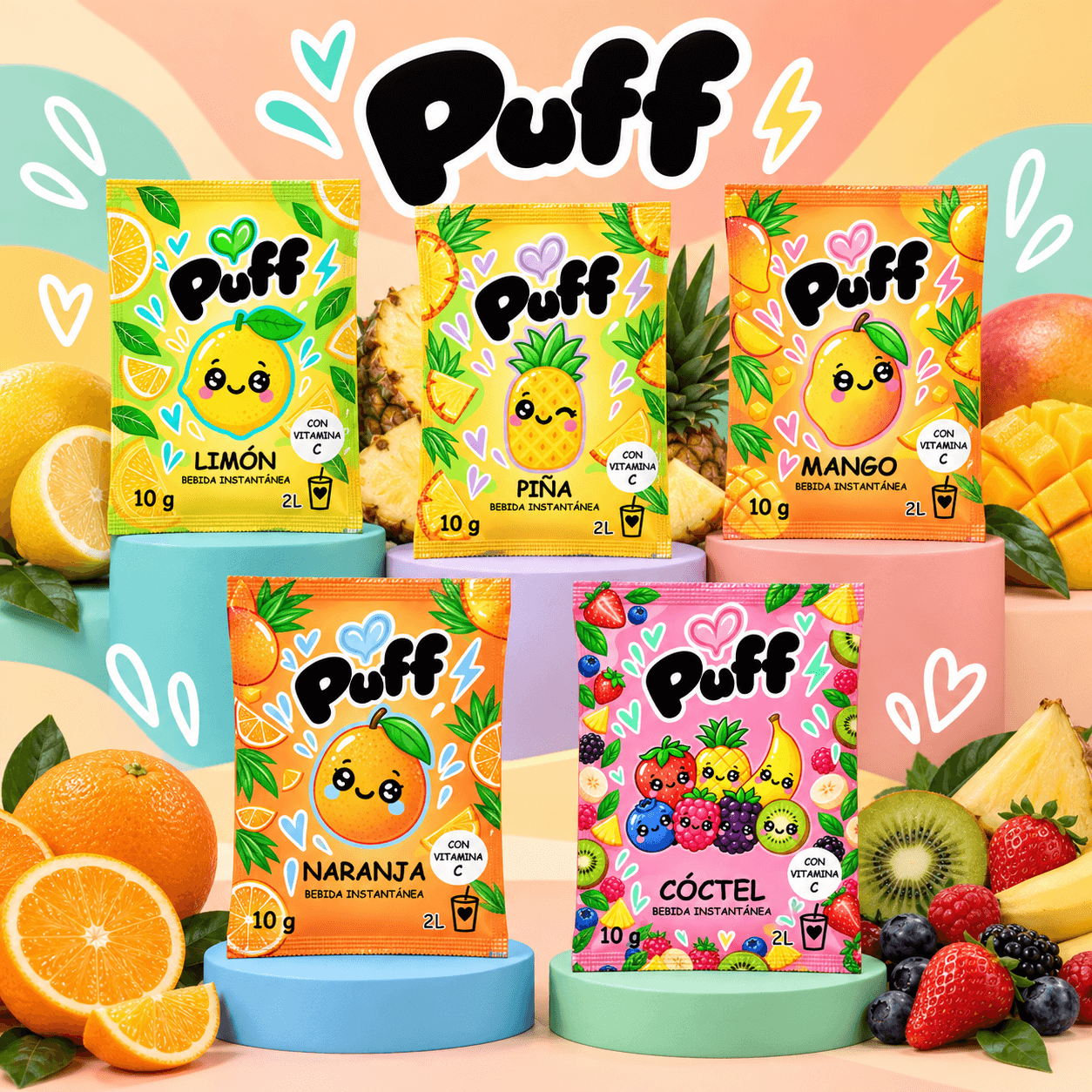 Imagen de la gama Puff: limón, piña, mango, naranja y cóctel